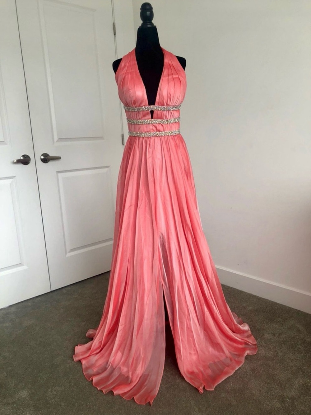 New La Femme Coral Halter Prom Dress with Jeweled Waistbands Without Tag